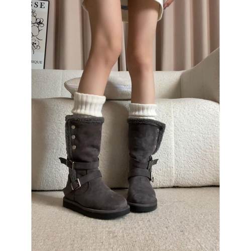 牛皮版~高级灰色绒面厚绒外穿东北雪地靴女皮带扣厚底毛毛中筒靴