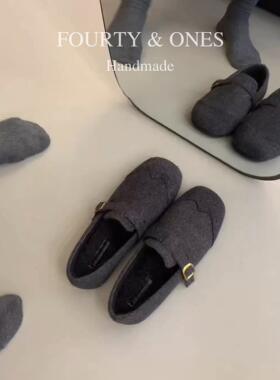 牛皮版~灰色呢子乐福鞋女法式复古加绒玛丽珍方头一脚蹬浅口单鞋