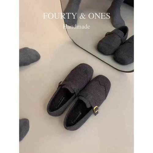 牛皮版~灰色呢子乐福鞋女法式复古加绒玛丽珍方头一脚蹬浅口单鞋