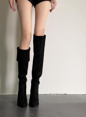 过膝高跟长靴子女秋冬季新款绒面尖头侧拉链瘦瘦靴高筒细跟长筒靴
