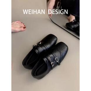 羊皮版！复古内增高乐福鞋女英伦风方头小皮鞋皮带扣法式平底单鞋