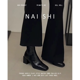 瘦瘦靴切尔西靴 方头短靴女后拉链粗跟马丁靴百搭法式 羊皮版 韩版