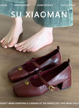羊皮版！4cm粗跟方头玛丽珍鞋新款浅口一字带红色单鞋小皮鞋女