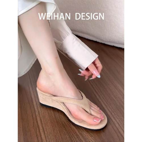 羊皮版！法式高级感坡跟凉鞋女外穿休闲人字拖夹脚厚底凉拖鞋