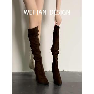 羊皮版！尖头细跟褶皱堆堆靴女高跟弹力靴美拉德绒面长筒靴骑士靴