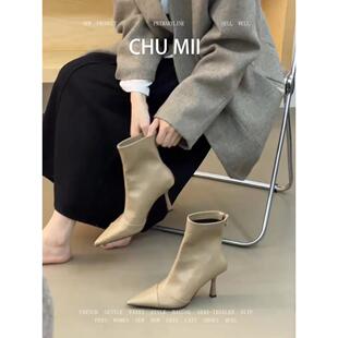 羊皮版~性感名媛风细跟短靴女尖头后拉链弹力靴高跟高级感马丁靴