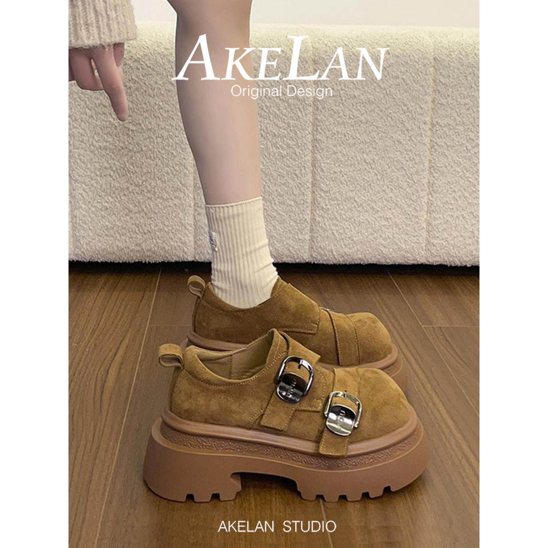 羊皮版~法式小个子厚底老钱风乐福鞋女春秋增高魔术贴英伦小皮鞋,女鞋,乐福鞋（豆豆鞋）,淘宝优惠券,粉丝福利购,淘宝优惠卷