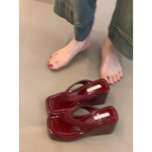 羊皮版！法式气质名媛设计感小众豹纹夹趾人字拖鞋女夏外穿坡跟