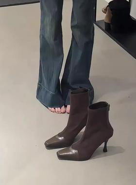 羊皮版！2025新款方头拼接细跟短靴女复古气质弹力高跟瘦瘦靴子