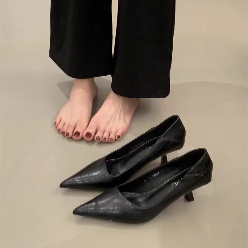 羊皮版！软皮不累脚尖头高跟鞋细跟季新款黑色百搭职业通勤单鞋女