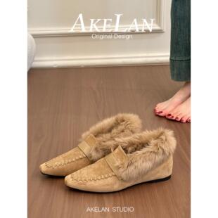 羊皮版~绒面方头编织毛毛乐福鞋女秋冬内增高一脚蹬加绒单鞋