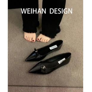 羊皮版！法式尖头黑色单鞋女气质漆皮平底小皮鞋高级感浅口豆豆鞋