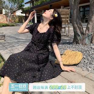 约会心机裙气质连衣裙裙子 大码 黑色碎花裙女夏季 马西西微胖mm法式