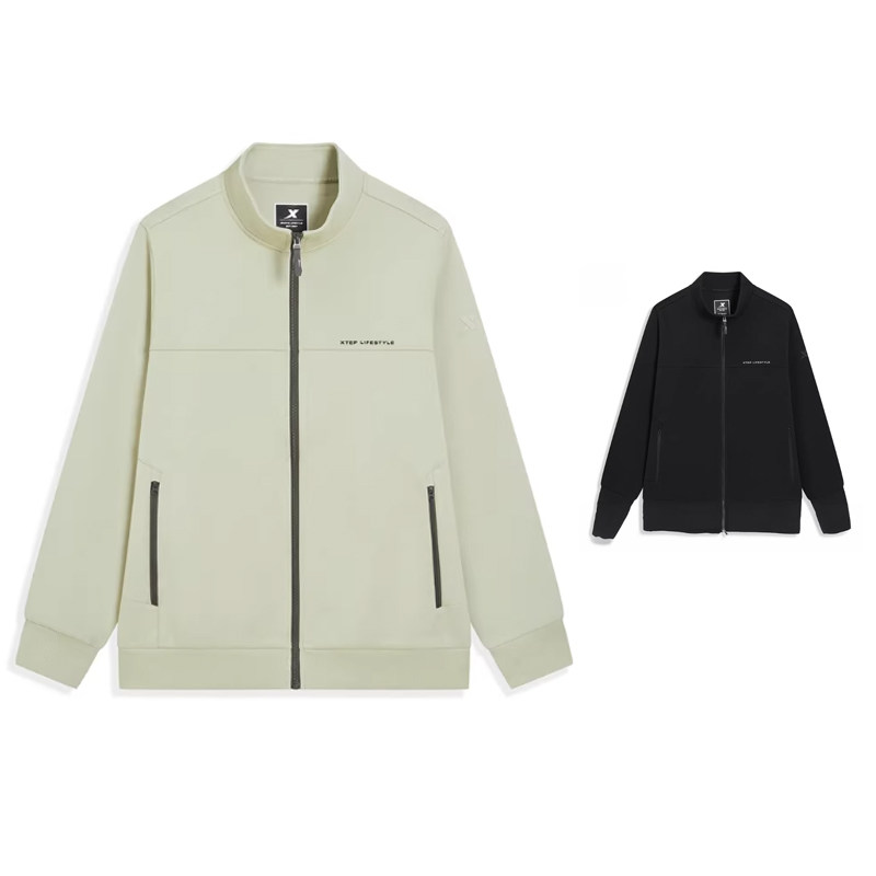 特步男款针织保暖外套2026春季新款立领跑步运动服974129 060206