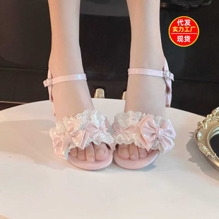 lolita鞋子小个子【夏日情诗】蕾丝优雅lo鞋洛丽塔可爱百搭木凉鞋