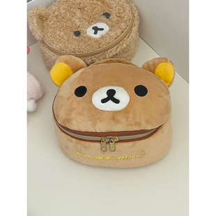 可爱卡通轻松熊熊妹毛绒小熊头椭圆立体化妆包便携收纳洗漱包
