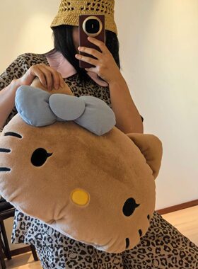 可爱黑皮KT猫头毛绒抱枕车载沙发床头靠垫午睡枕礼物女学生少女心