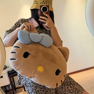 可爱黑皮KT猫头毛绒抱枕车载沙发床头靠垫午睡枕礼物女学生少女心
