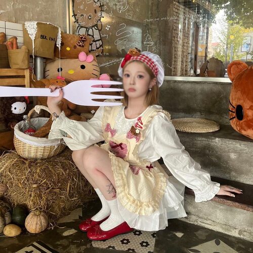 复古小熊围裙甜美爱心红格系绑带烘焙厨房可爱田园风探店出片