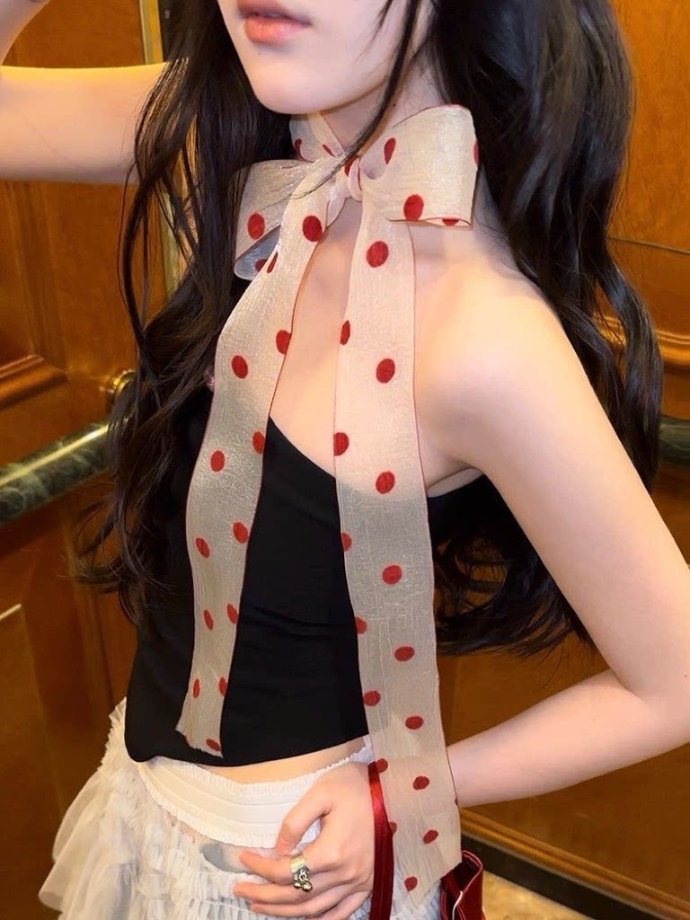 韩国春夏珠光细长条款丝巾女欧根纱波点飘带辣妹装饰蕾丝窄版颈饰