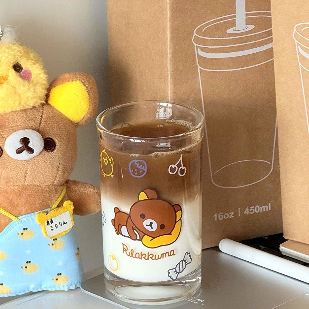 轻松熊玻璃杯卡通可爱夏天水杯玻璃杯耐高温果汁饮料中古轻松熊