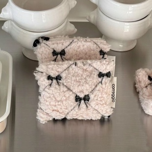 韩国ins小众化妆包蝴蝶结刺绣小号口红化妆包羊羔毛零钱包芭蕾风