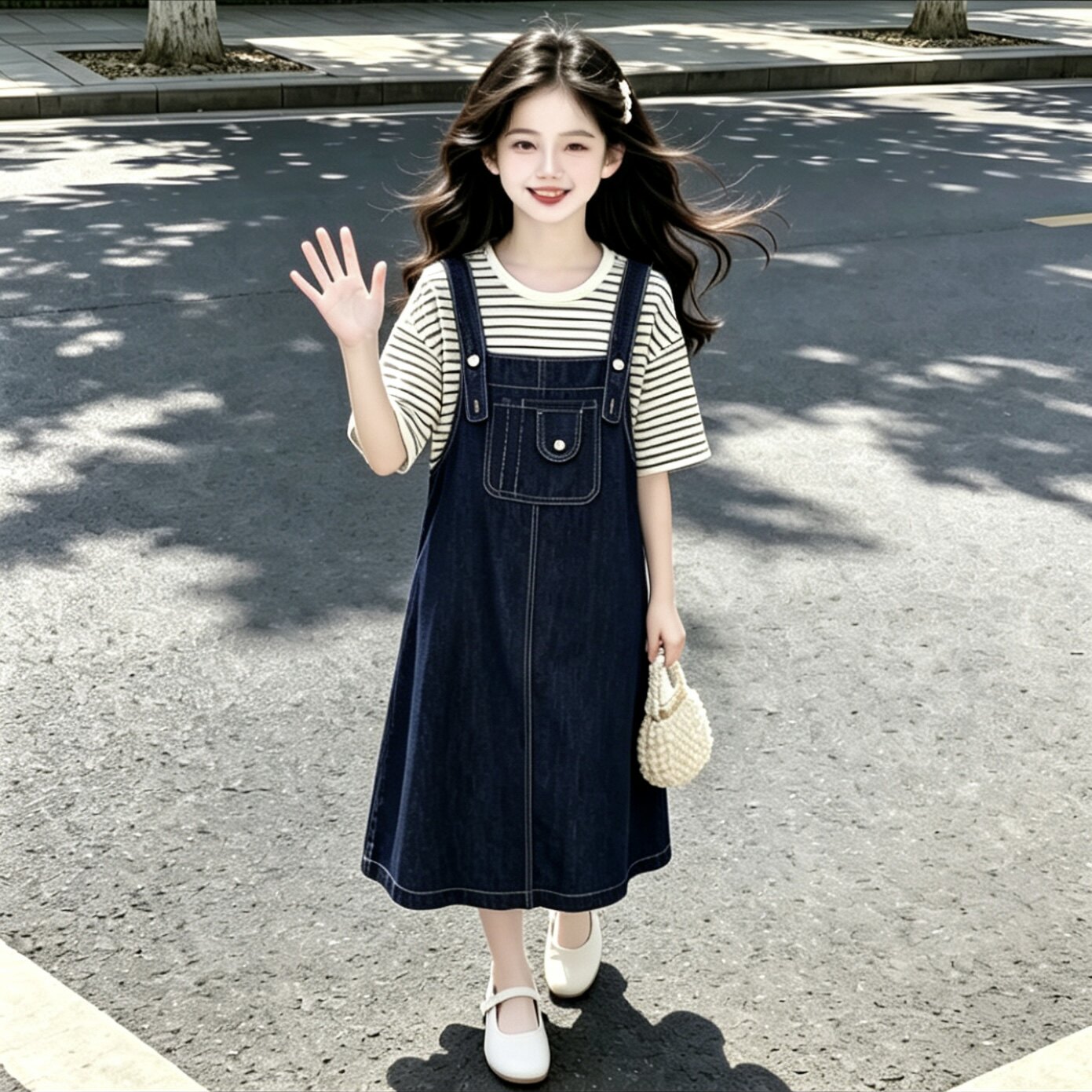 女童牛仔背带裙套装2026新款中大童韩版条纹短袖两件套洋气牛仔裙