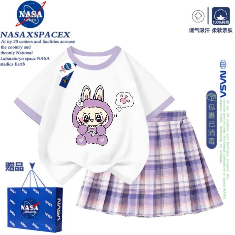 NASA联名卡通拉布布Labubu女童纯棉儿童短袖百褶裙短裤套装夏T恤