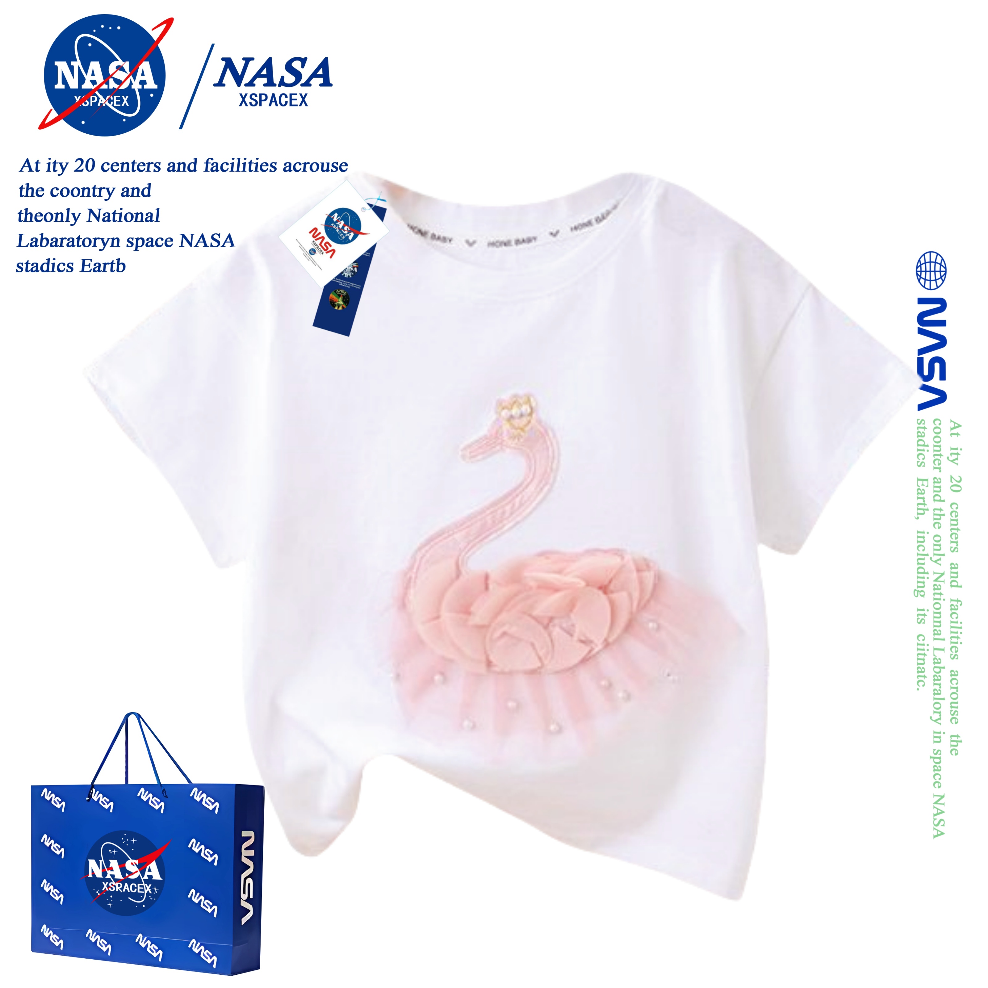 NASA联名天鹅短袖T恤女童甜美设计感夏季可爱儿童半袖纯棉上衣服T