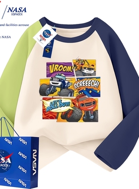 NASA联名飚速旋风战车队怪兽火焰车2025年春秋长袖儿童T恤上衣潮