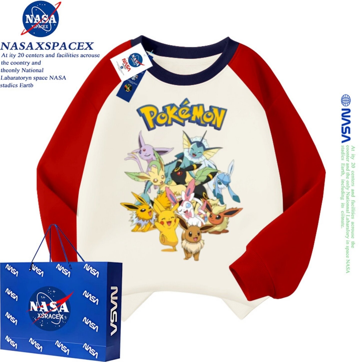 NASA联名宝可梦秋冬季新款男女童儿童加绒加厚卡通圆领宽松卫衣