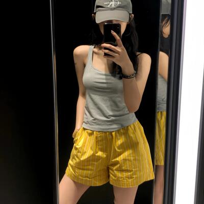 复古高腰柠檬黄条纹休闲短裤女