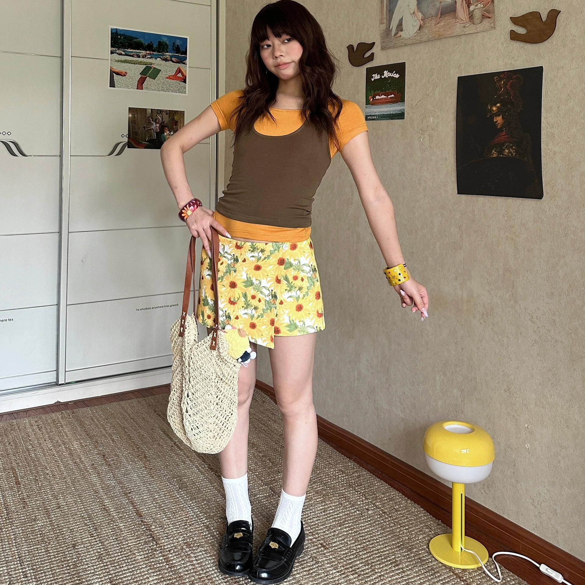 向日葵水彩印花搭片迷你裙裤夏日新品旅游度假氛围感防走光半身裙