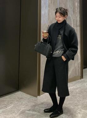 简约日系复古高腰黑色毛呢七分裤秋冬新款常规百搭宽松休闲阔腿裤