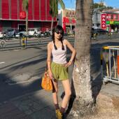 小众高腰松紧居家裤 新款 女春夏季 清新纽扣复古绿棕条纹休闲短裤