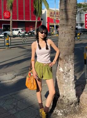 清新纽扣复古绿棕条纹休闲短裤女春夏季新款小众高腰松紧居家裤