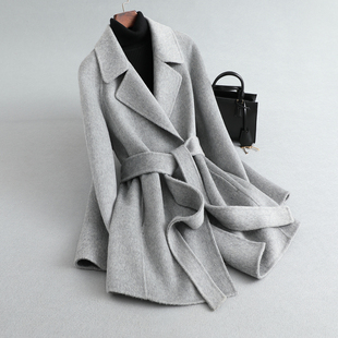 高端羊绒大衣女中长款修身系带2025年秋冬新款浅灰色羊毛呢子外套