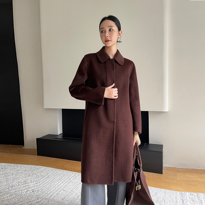 高端羊毛呢子大衣女中长款洋酒红