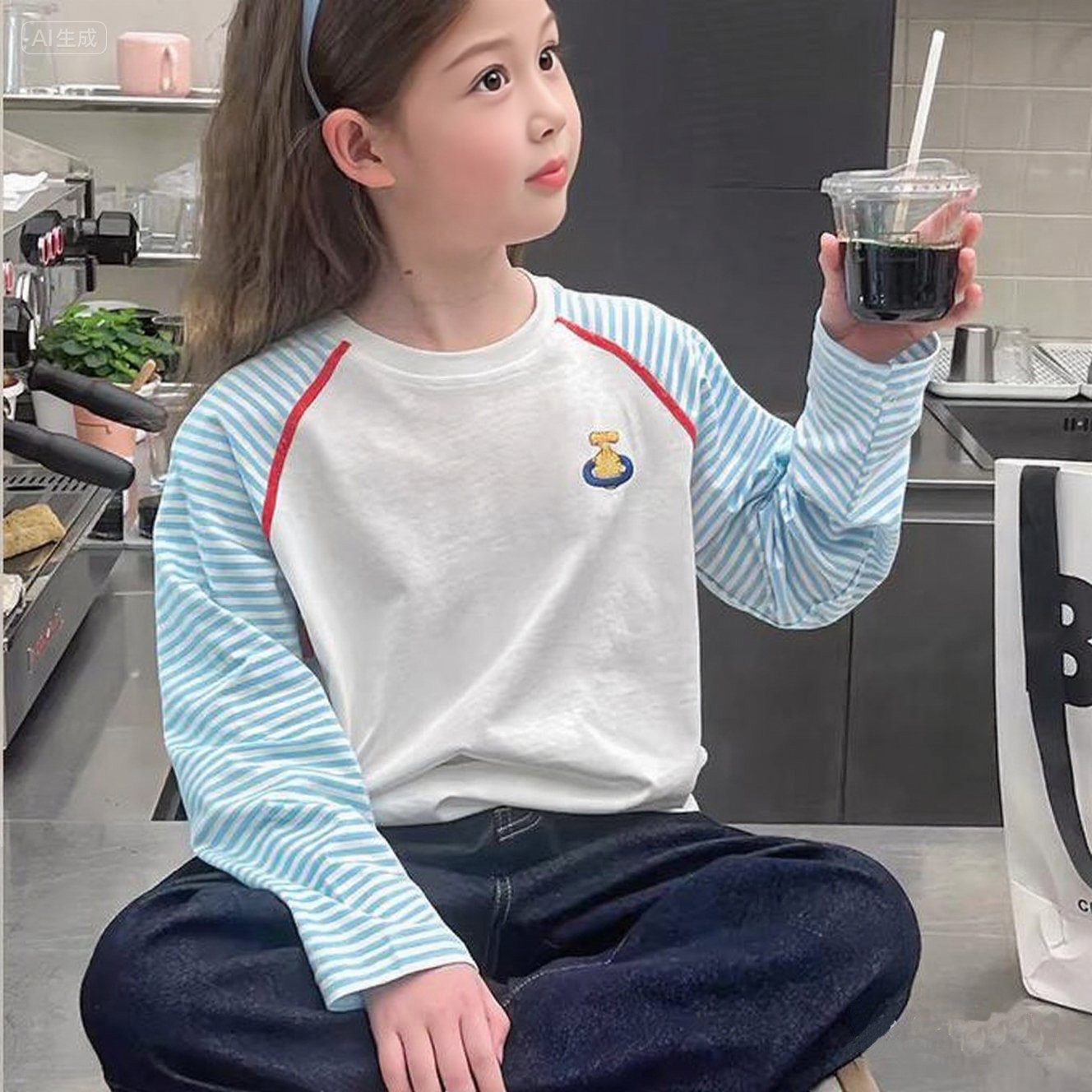 2025春装新款儿童条纹插肩袖撞色上衣女童洋气长袖t恤大童打底衫