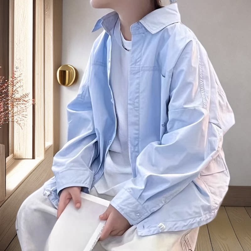 2025新款童装男童蓝色衬衫春装儿童洋气宽松衬衣中大童休闲外套薄
