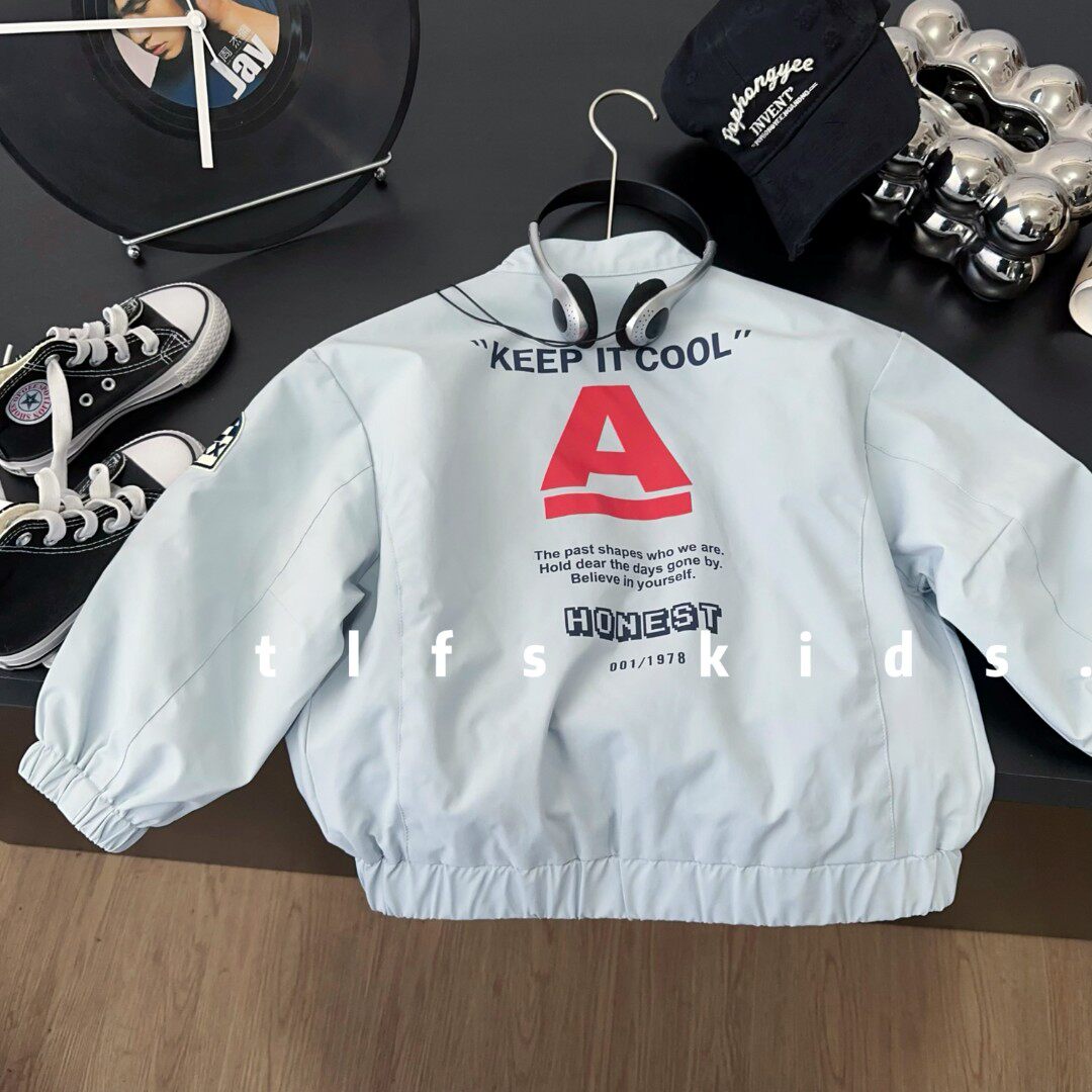 儿童字母印花机车服外套春季男童百搭纯色韩版时尚宽松长袖外套潮