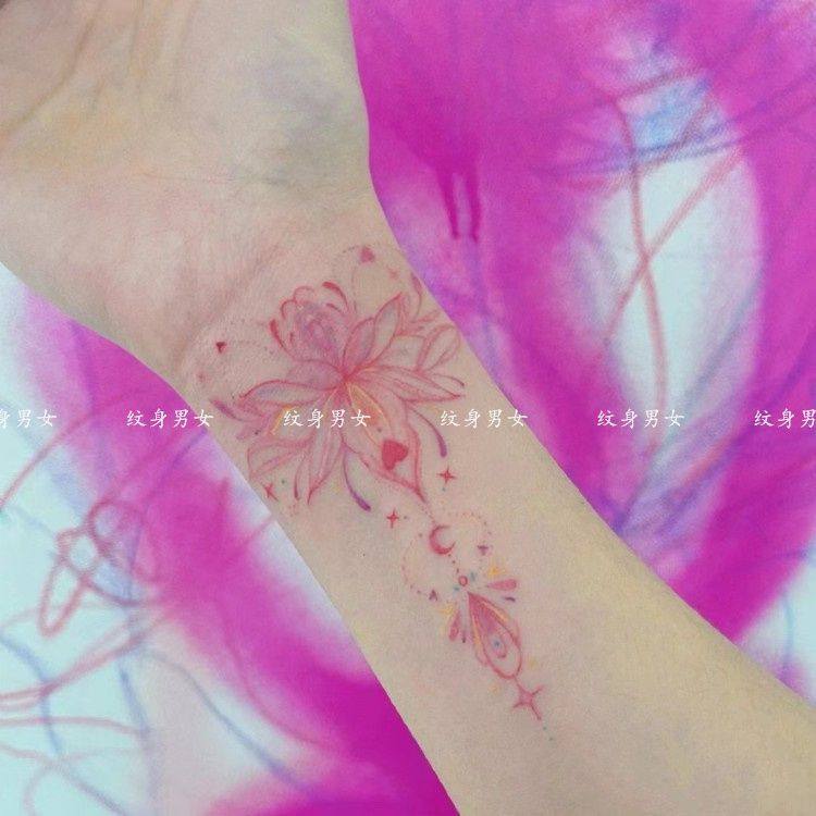 手臂粉色莲花图案纹身贴持久防水女性感荷花仿真贴纸