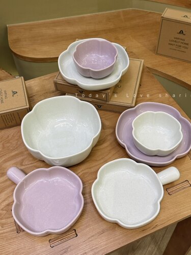 悦檬食器 麻点花朵造型饭碗沙拉菜盘子玛卡龙创意陶瓷餐具釉下彩