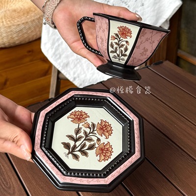 悦檬食器牡丹八角法式复古马克杯