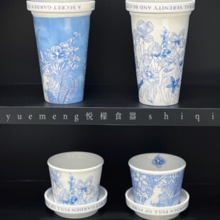 悦檬食器青花鸟高温瓷手握盖杯水杯马克杯咖啡杯茶杯新中式 杯子