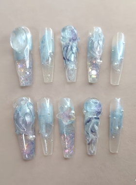 A22流麻水母蓝色穿戴甲高端流沙纯手工捏捏美甲定制