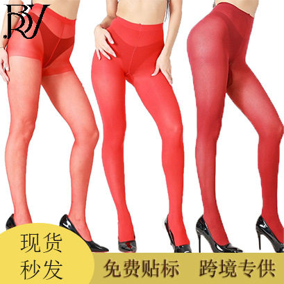 欧美红色丝袜连裤袜夏秋薄款女美腿袜圣诞袜本命年袜子连体丝袜