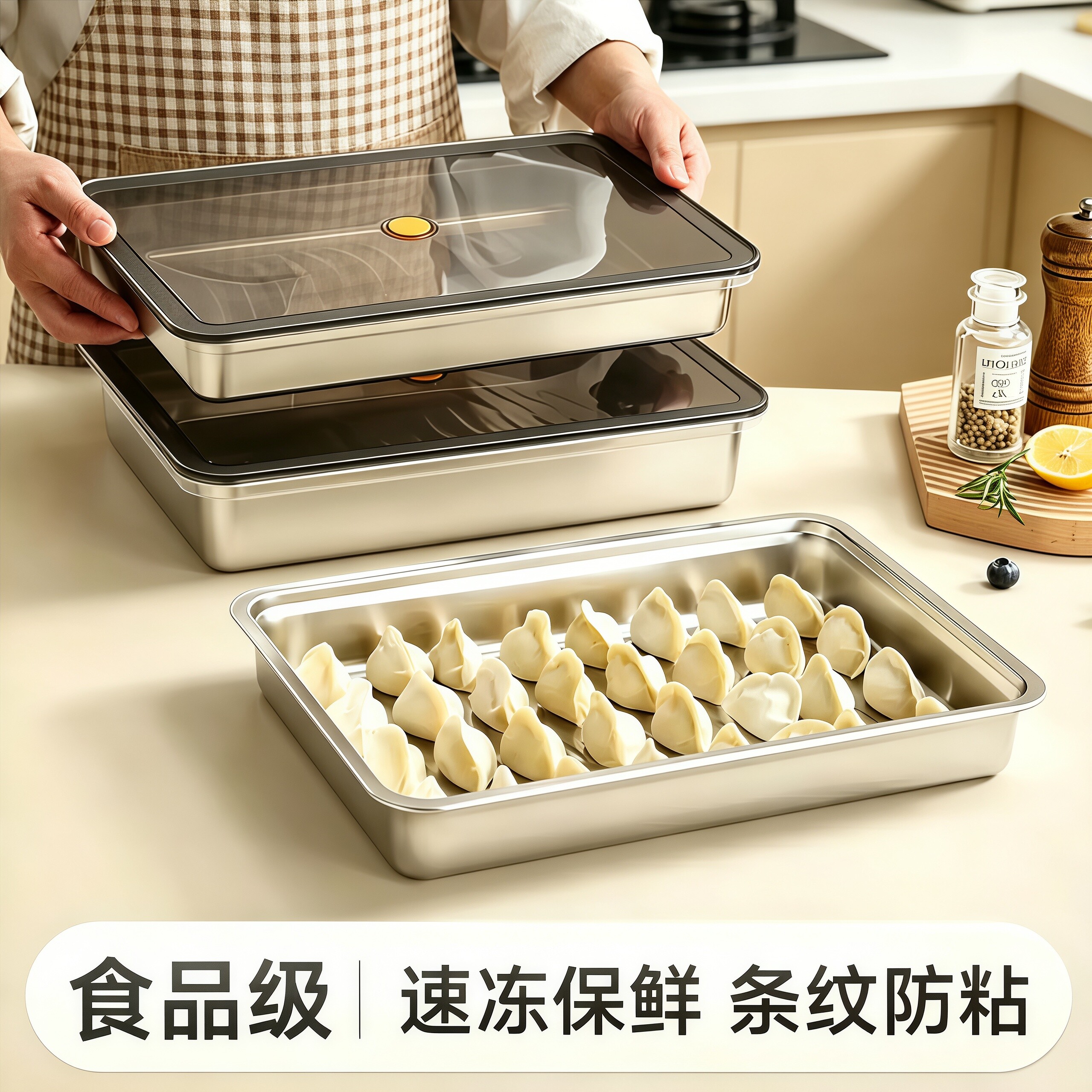 304食品级不锈钢饺子保鲜盒家用带盖密封冰箱冷冻馄饨水饺收纳盒