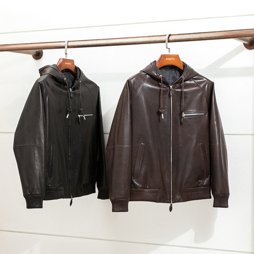 Aomitu冬季连帽保暖真皮皮衣