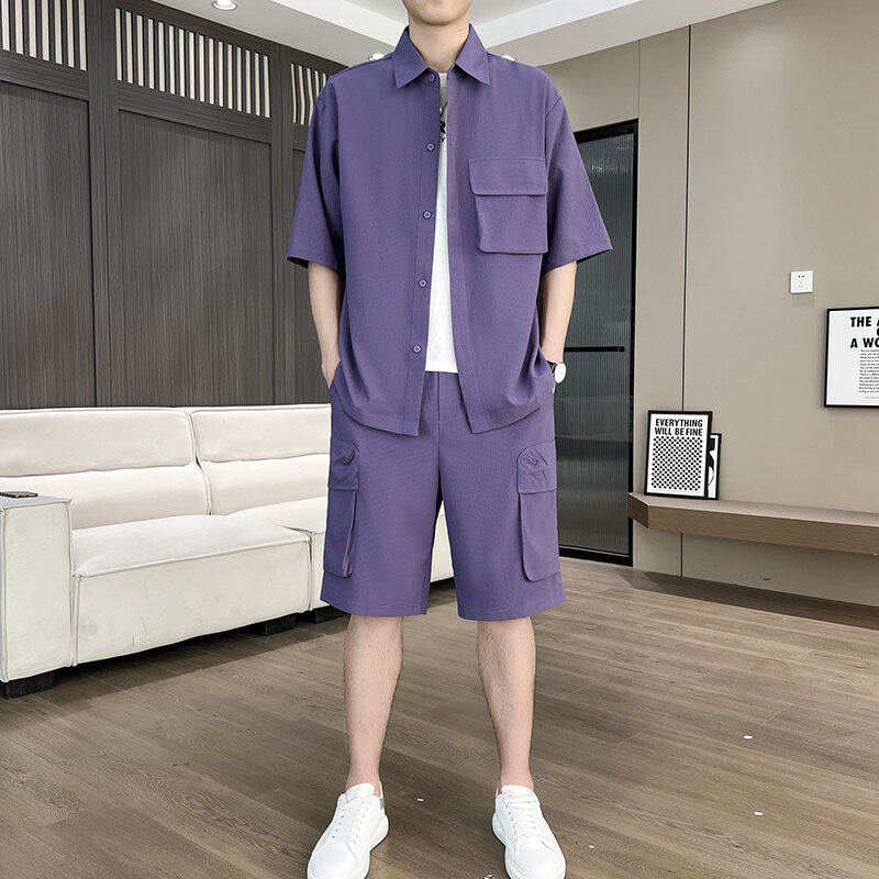 港风冰丝薄款套装男新款阔版夏季宽松短袖衬衫休闲青年潮流两件套